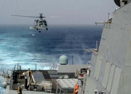 US Navy 110216-N-5838W-006 An SH-60B Sea Hawk helicopter assigned to the Grandmasters of Helicopter Anti-Submarine Squadron Light (HSL) 46, lands a