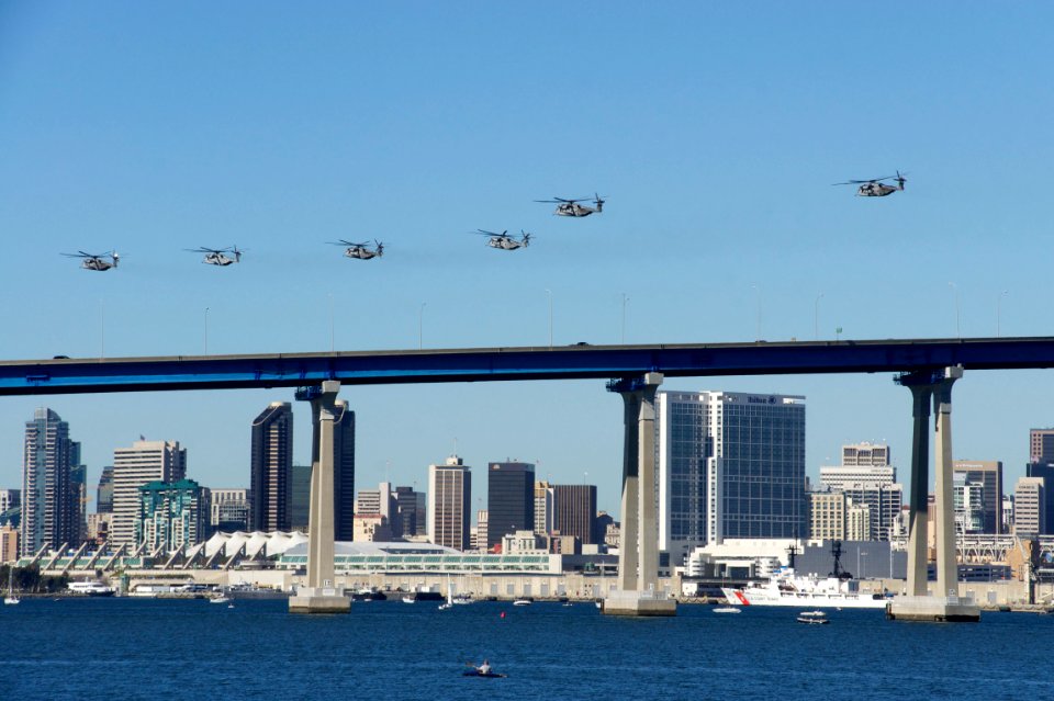 US Navy 110212-N-ZC343-028 Aircraft fly over San Diego Bay and the Coronado Bridge during the Centennial of Naval Aviation Open House and Parade of