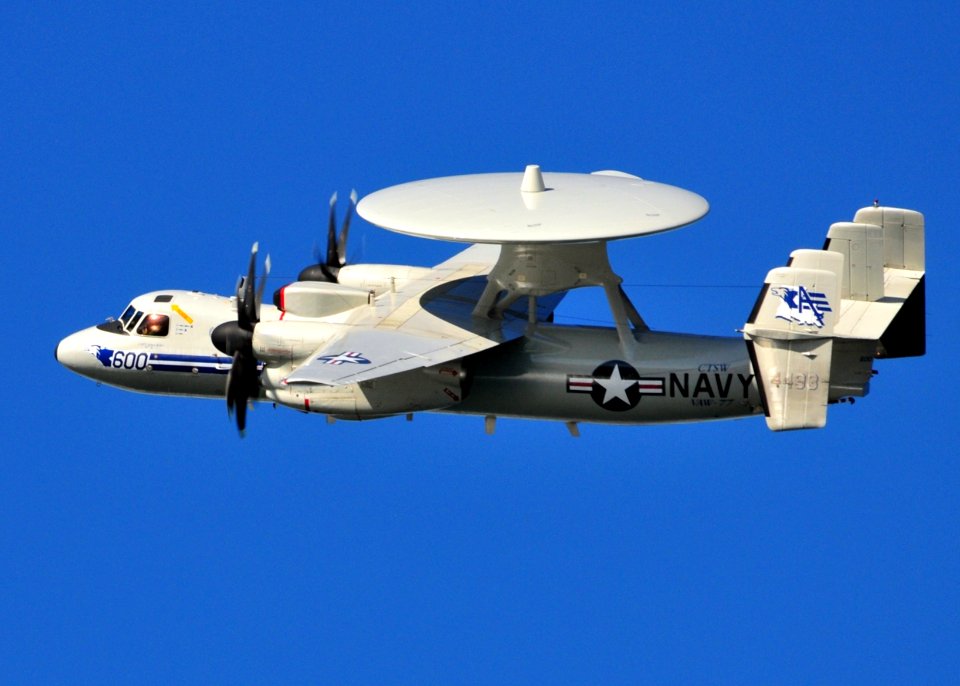 US Navy 110212-N-ZS026-315 An E-2 Hawkeye flies over San Diego Bay during the Centennial of Naval Aviation Open House and Parade of Flight