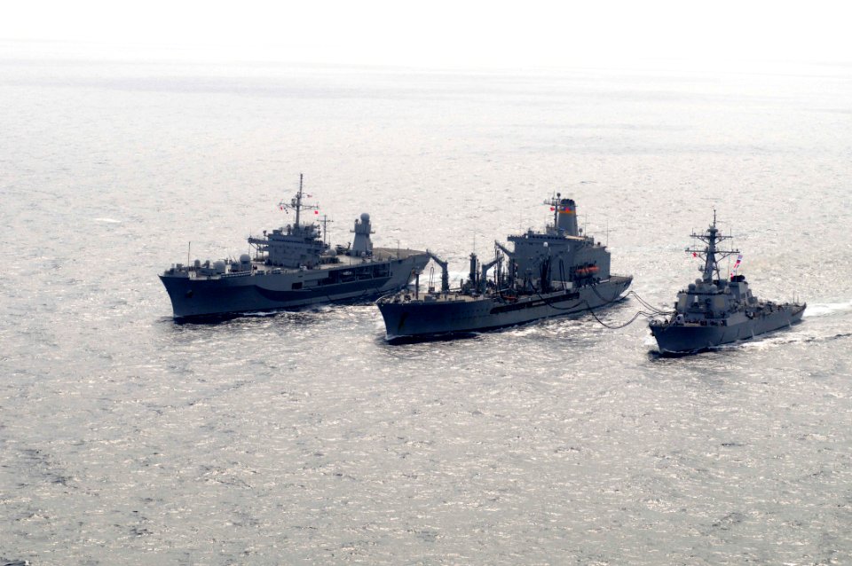 US Navy 110218-N-9094S-316 The U.S. 7th Fleet command ship USS Blue Ridge (LCC 19), left, the Military Sealift Command fleet replenishment oiler US