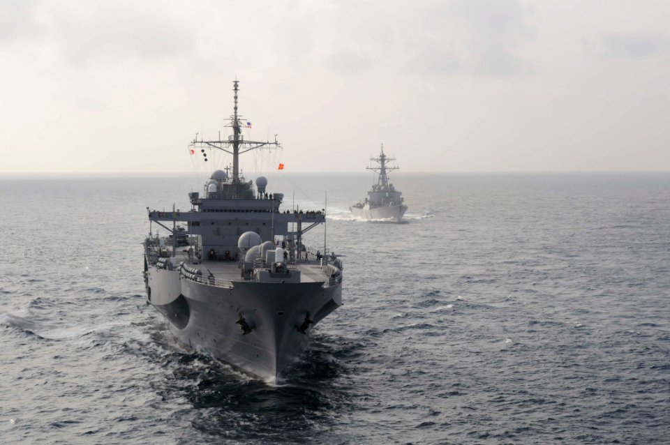 US Navy 110218-N-9094S-179 The U.S. 7th Fleet command ship USS Blue Ridge (LCC 19), left, and the guided-missile destroyer USS Stethem (DDG 63)