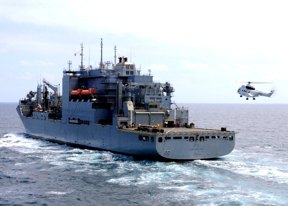 US Navy 110223-N-3154P-035 An SA-330J Puma helicopter approaches the Military Sealift Command dry cargo and ammunition ship USNS Lewis and Clark (T
