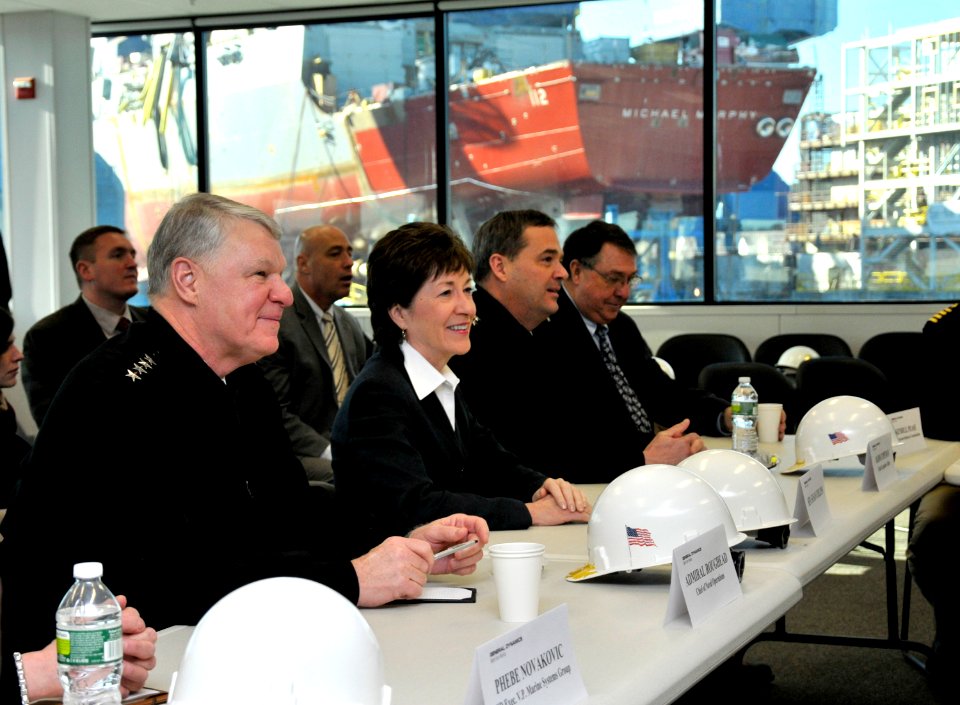 US Navy 110223-N-ZB612-009 Chief of Naval Operations (CNO) Adm. Gary Roughead and U.S. Sen. Susan Collins are briefed on recent Navy projects durin
