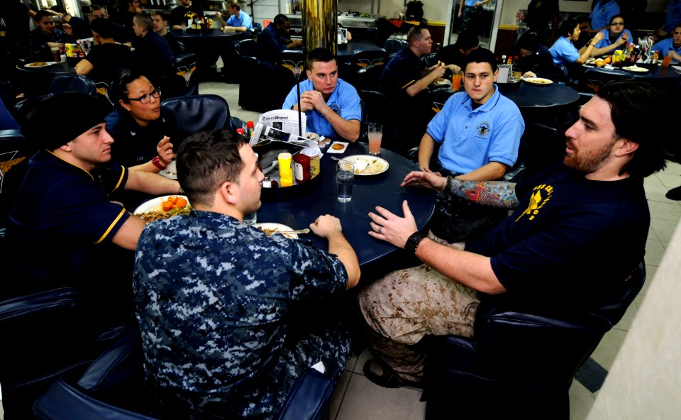 US Navy 110217-N-8040H-402 Darryn Colledge, an offensive guard for the Green Bay Packers, speaks with Sailors aboard the Nimitz-class aircraft carr