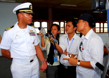 US Navy 110226-N-8607R-033 Capt. Bradley Lee, commander of Amphibious Squadron (PHIBRON) 11, answers questions from Cambodian media during the open