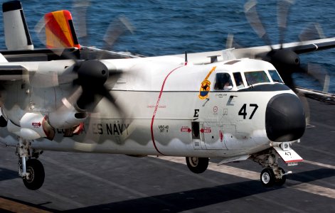 US Navy 110221-N-DR144-281 A C-2A Greyhound assigned to Fleet Logistics Support Squadron (VRC) 40 lands aboard the Nimitz-class aircraft carrier U
