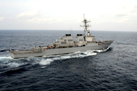 US Navy 110218-N-9094S-195 The guided-missile destroyer USS Stethem (DDG 63) aligns course in preparation for an underway replenishment in the Pac