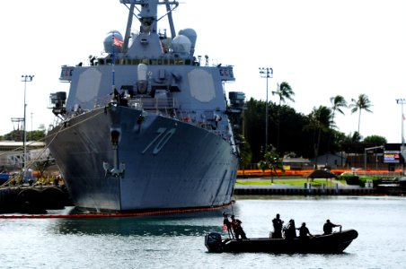 US Navy 110223-N-WP746-126 Sailors aboard a rigid-hull inflatable boat role-play as terrorists approaching the guided-missile destroyer USS Hopper