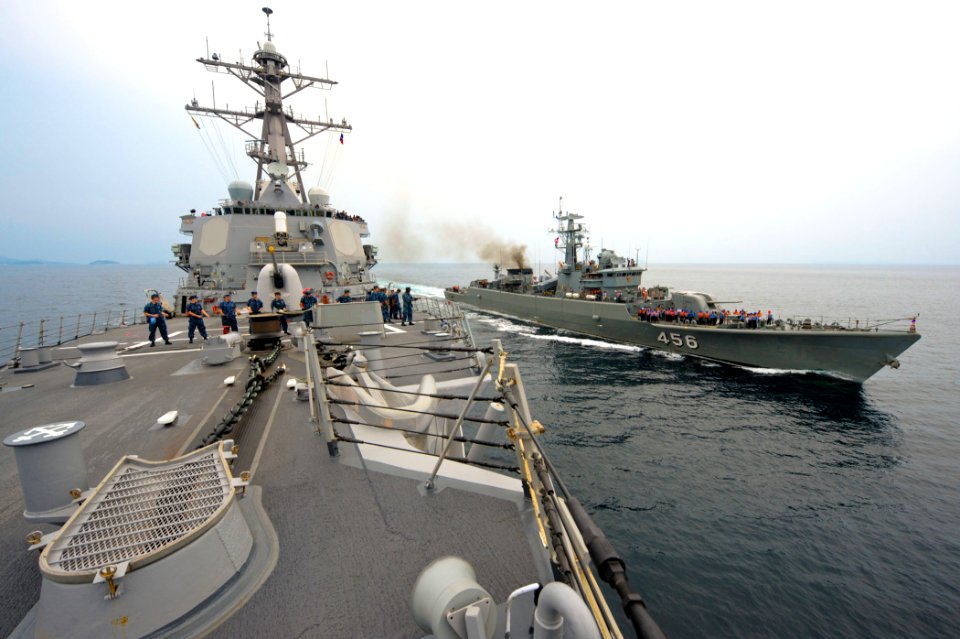 US Navy 110221-N-0176M-001 The Royal Thai Navy frigate HTMS Bangpakong (FFG 456) is underway alongside the guided-missile destroyer USS Higgins (DD