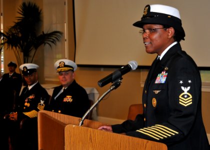 US Navy 110225-N-UN340-016 Master Chief Octavia Harris, incoming Space and Naval Warfare Systems Command command master chief, addresses the audien