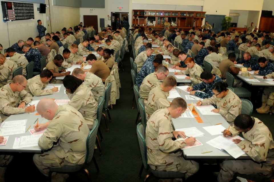 US Navy 110303-N-4936C-053 Sailors assigned to Naval Station Guantanamo Bay and Joint Task Force Guantanamo take the Navy-wide E-6 advancement exam