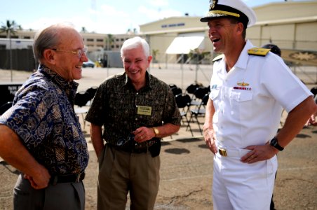 US Navy 110225-N-WP746-038 Retired Adm. Ronald Hays, left, Richard May Jr. and Rear Adm. Dixon Smith, commander of Navy Region Hawaii, share a laug