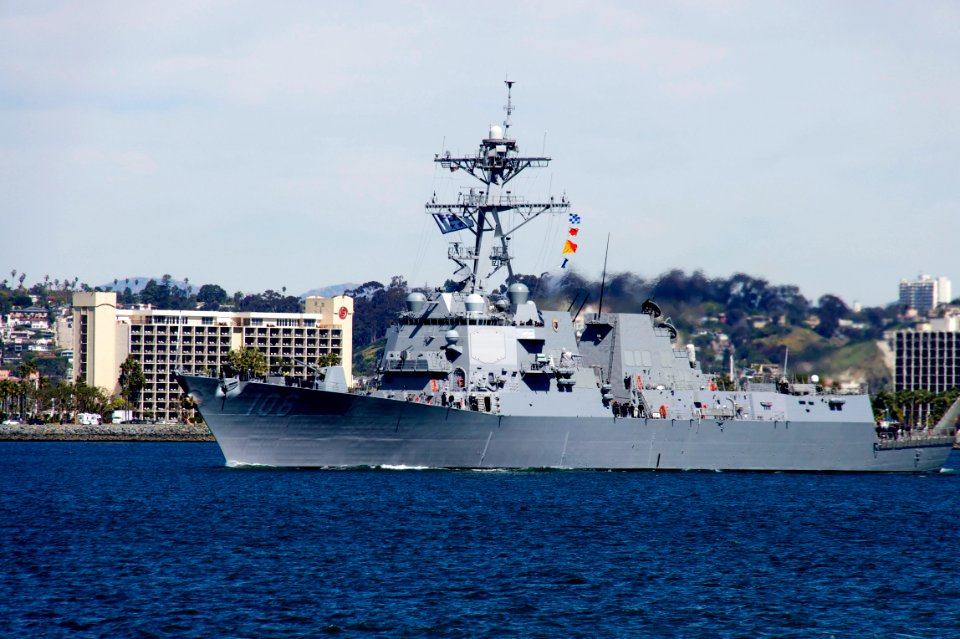 US Navy 110228-N-ZC343-126 The guided-missile destroyer USS Wayne E. Meyer (DDG 108) transits the channel from San Diego Bay to the Pacific Ocean