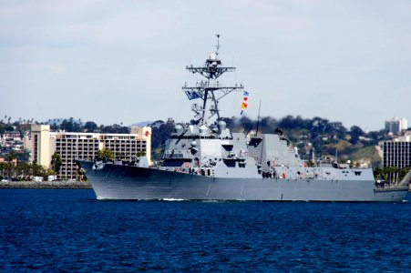 US Navy 110228-N-ZC343-126 The guided-missile destroyer USS Wayne E. Meyer (DDG 108) transits the channel from San Diego Bay to the Pacific Ocean