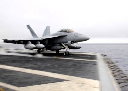 US Navy 110302-N-SG869-047 An F-A-18F Super Hornet assigned to the Argonauts of Strike Fighter Squadron (VFA) 147 launches from the aircraft carrie