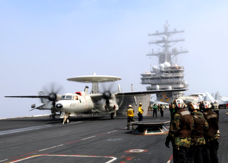 US Navy 110302-N-SG869-005 An E-2C Hawkeye assigned to the Black Eagles of Airborne Early Warning Squadron (VAW) 113 prepares to launch from the ai