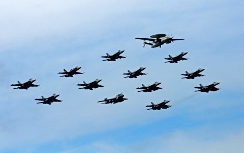 US Navy 110309-N-DX615-140 Aircraft assigned to the aircraft carrier USS Abraham Lincoln (CVN 72) fly in formation during an air power demonstratio