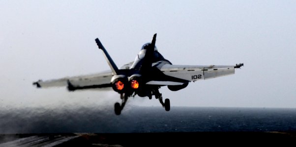 US Navy 110308-N-6320L-216 An F-A-18F Super Hornet assigned to Strike Fighter Squadron (VFA) 22 launches from the Nimitz-class aircraft carrier USS