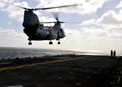 US Navy 110308-N-ZS026-050 A CH-46 Sea Knight helicopter lands aboard USS Boxer (LHD 4)