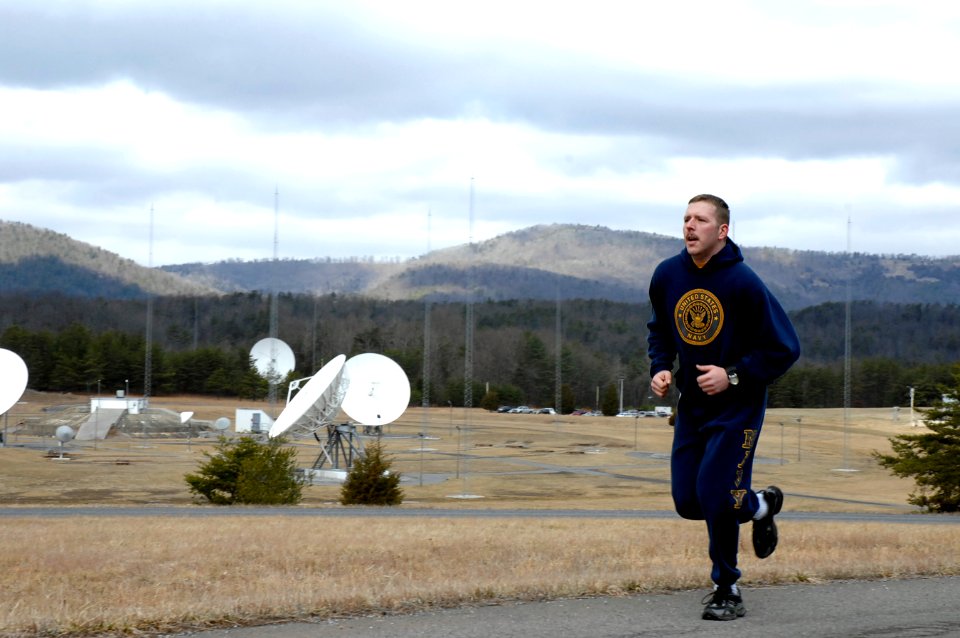US Navy 110311-N-4275C-001 Builder 2nd Class Gary Blank leads the Seabee Birthday Run at Navy Information Operations Command, Sugar Grove, W.Va
