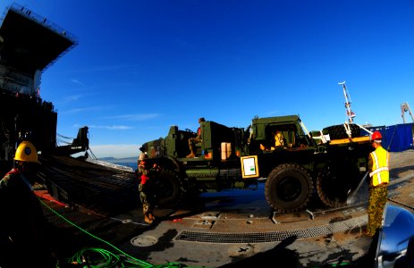 US Navy 110309-N-1786N-119 Sailors and Marines backload a medium tactical vehicle replacement truck onto the Military Sealift Command container rol