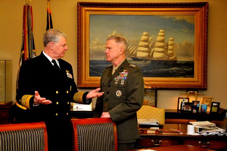 US Navy 110314-N-ZB612-010 Adm. Gary Roughead and Gen. James F. Amos speak prior to signing a Memorandum of Understanding on Tactical Aviation Inte