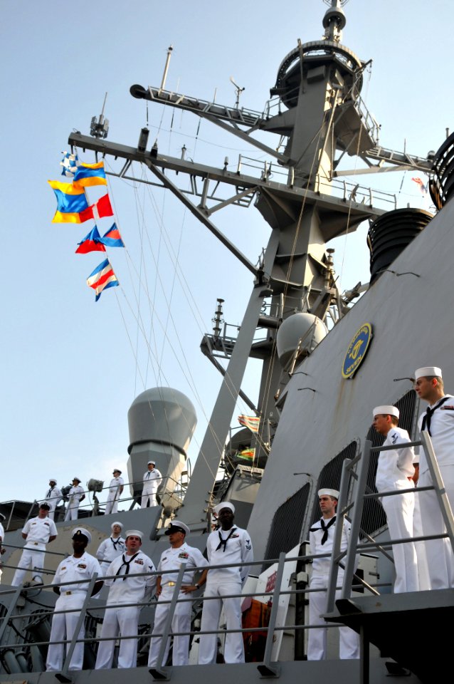 US Navy 110316-N-9818V-141 Sailors man the rails of the Arleigh Burke-class guided-missile destroyer USS Decatur (DDG 73)