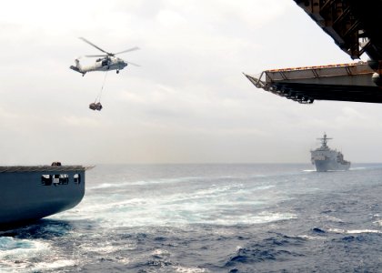 US Navy 110315-N-5538K-183 An MH-60S Sea Hawk helicopter transports humanitarian assistance supplies