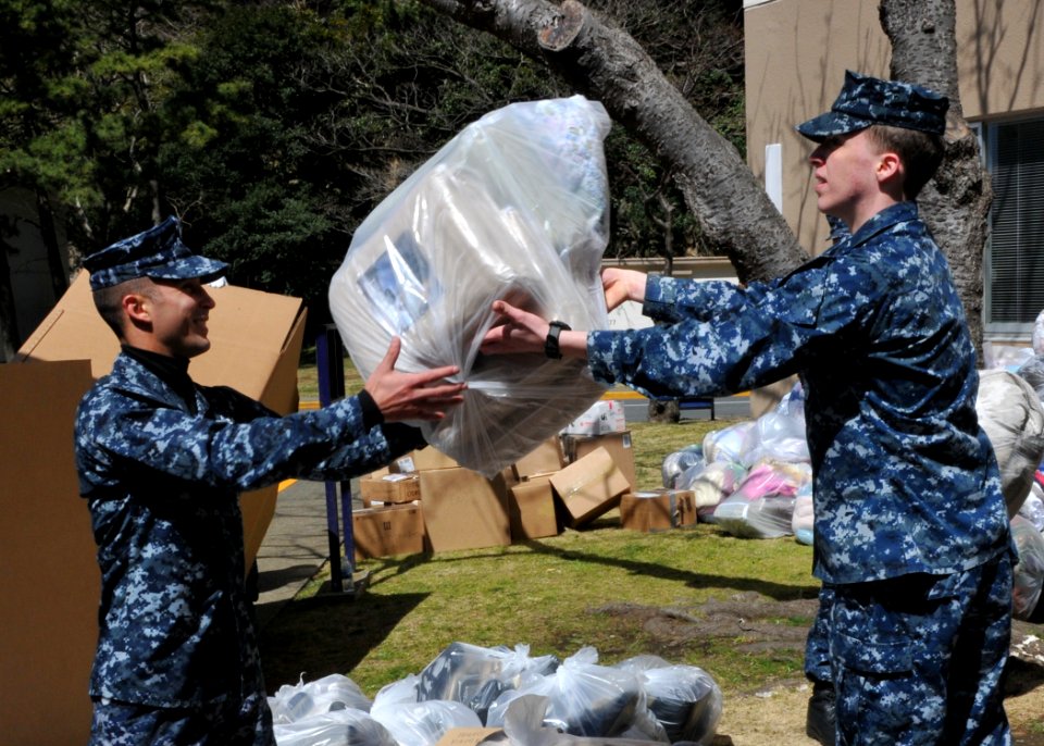 US Navy 110317-N-EA192-032 More than 600 bags of humanitarian assistance supplies will be distribution to Japanese citizens affected by a recent 9