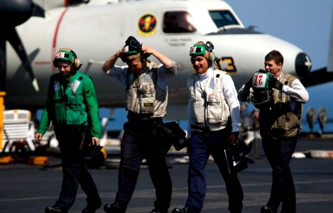 US Navy 110318-N-6505H-210 Sailors prepare to perform maintenance on an F-A-18E Super Hornet aboard USS Carl Vinson (CVN 70)