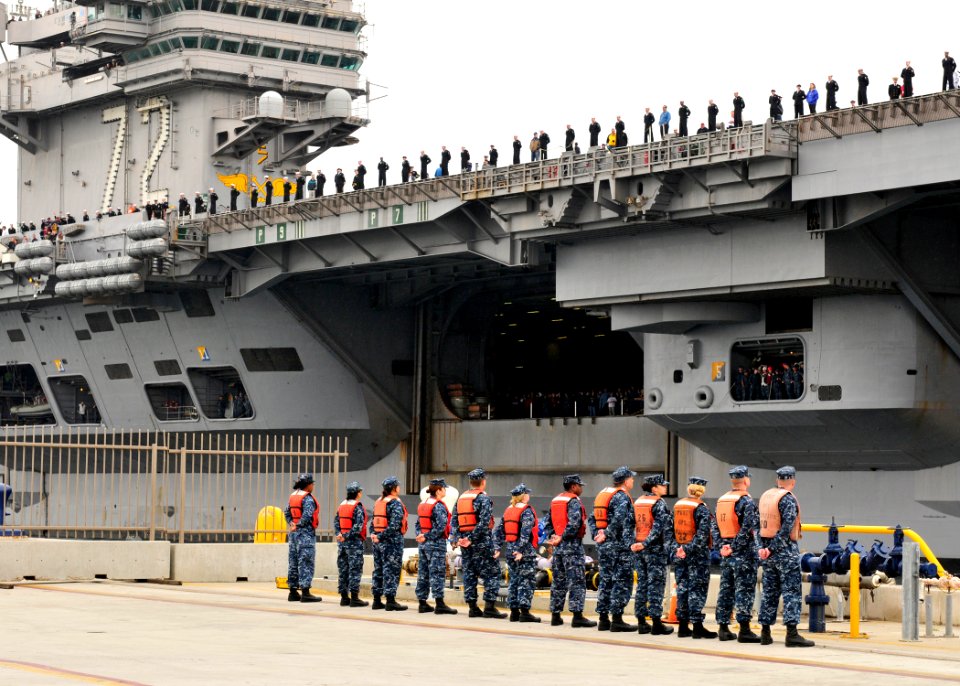 US Navy 110319-N-BT887-012 The aircraft carrier USS Abraham Lincoln (CVN 72) pulls alongside the pier in San Diego after a six-month deployment to
