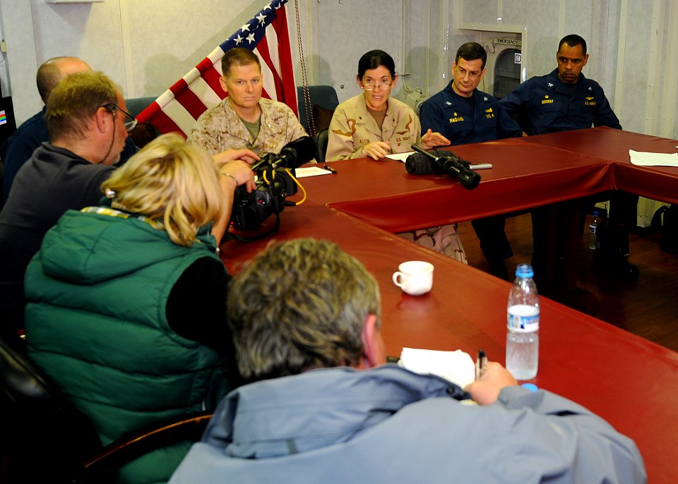 US Navy 110321-N-2908M-006 Members of the international media interview command leadership of the Kearsarge Amphibious Ready Group