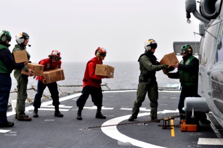 US Navy 110320-N-SF508-107 Sailors aboard the Ticonderoga-class guided-missile cruiser USS Shiloh (CG 67) load boxes of Meals Ready-to-Eat onto an