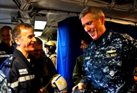 US Navy 110321-N-0000X-039 Adm. Samuel J. Locklear, III speaks with French navy Rear Adm. Philippe Coindreau aboardCharles de Gaulle (R91)