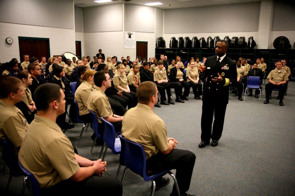 US Navy 110321-N-YM440-089 Rear Adm. Arthur J. Johnson, commander of Naval Safety Center, speaks with Navy and Air Force Junior ROTC students at Pe