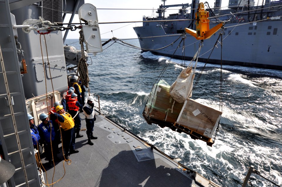 US Navy 110322-N-SF508-227 Sailors aboard the Ticonderoga-class guided-missile cruiser USS Shiloh (CG 67) receive cargo from the Military Sealift C