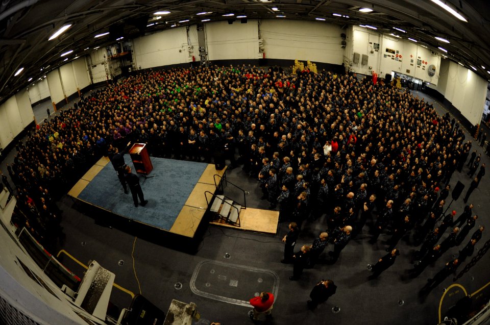 US Navy 110325-N-OY799-112 Capt. Ronald Reis, commanding officer of the aircraft carrier USS John C. Stennis (CVN 74) addresses the crew