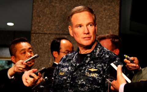 US Navy 110326-A-0000X-001 Adm. Patrick M. Walsh, commander of Joint Support Force, addresses Japanese media after meeting with the Japan Joint Sta