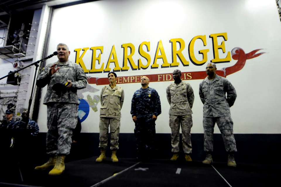 US Navy 110324-N-3154P-165 Gen. Carter F. Ham, commander of U.S. Africa Command, speaks to Sailors and Marines aboard amphibious assault ship USS K