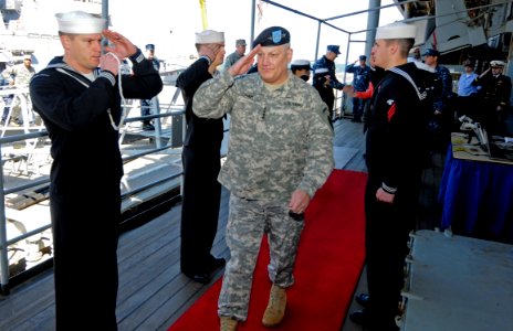 US Navy 110324-N-AQ172-127 Gen. Carter F. Ham, commander of U.S. Africa Command, is piped aboard the amphibious command ship USS Mount Whitney (LCC