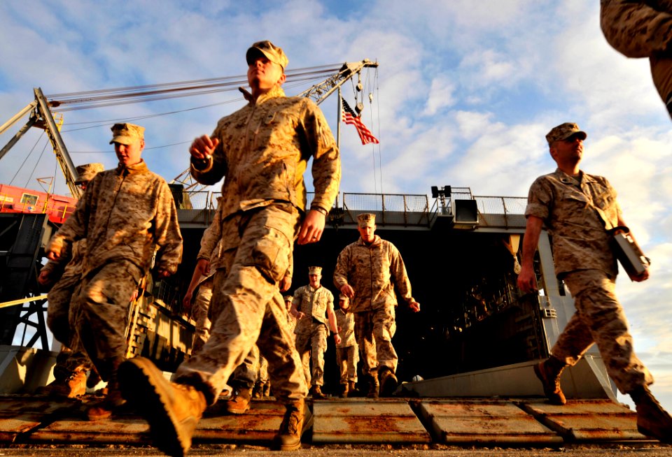US Navy 110328-N-AG285-141 Marines assigned to the 22nd Marine Expeditionary Unit (22nd MEU) embark the amphibious dock landing ship USS Whidbey Is
