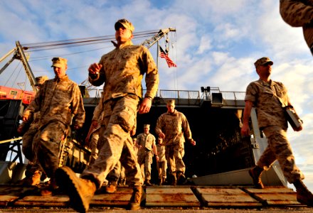 US Navy 110328-N-AG285-141 Marines assigned to the 22nd Marine Expeditionary Unit (22nd MEU) embark the amphibious dock landing ship USS Whidbey Is