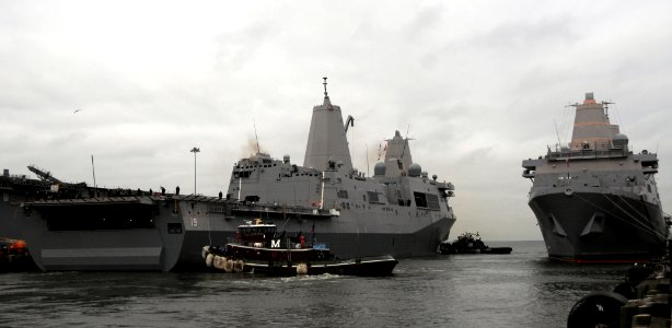 US Navy 110323-N-QY430-084 The amphibious transport dock ship USS Mesa Verde (LPD 19) departs Naval Station Norfolk as part of the Bataan Amphibiou
