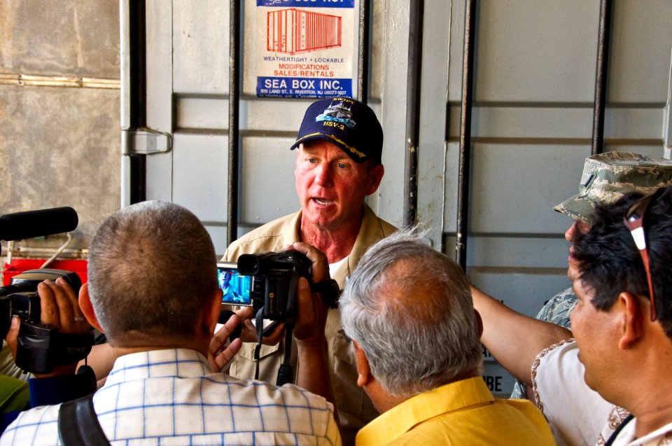 US Navy 110324-N-UX336-040 Cmdr. Mark Becker, mission commander of Southern Partnership Station (SPS), answers questions
