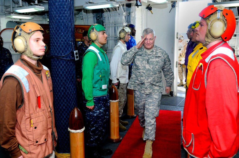 US Navy 110324-N-3154P-089 Gen. Carter F. Ham, commander of U.S. Africa Command, is greeted by rainbow side boys as he arrives aboard the amphibiou