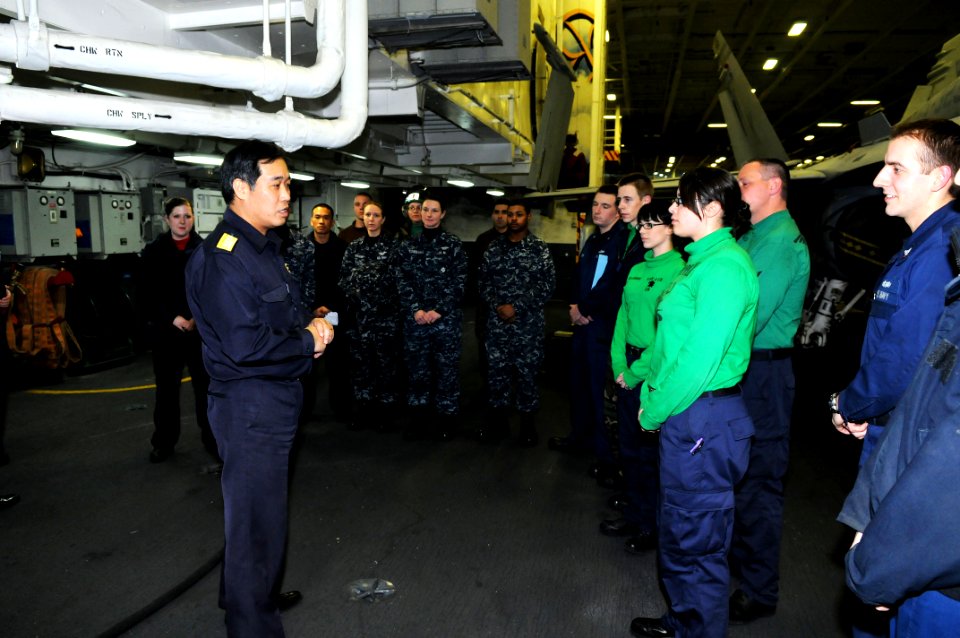 US Navy 110325-N-IC111-060 Rear Adm. Hiruyuki Kasui thanks Sailors assigned to USS Ronald Reagan (CVN 76) on behalf of the Japanese people for huma
