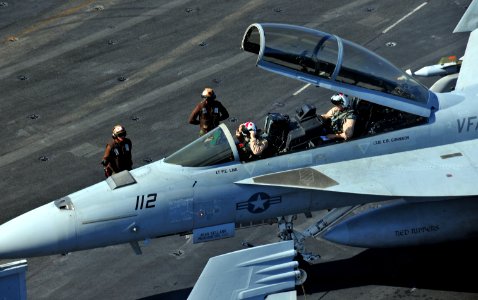 US Navy 110330-N-0074G-004 An F-A-18F Super Hornet assigned to the Red Rippers of Strike Fighter Squadron (VFA) 11 is prepared for flight operation