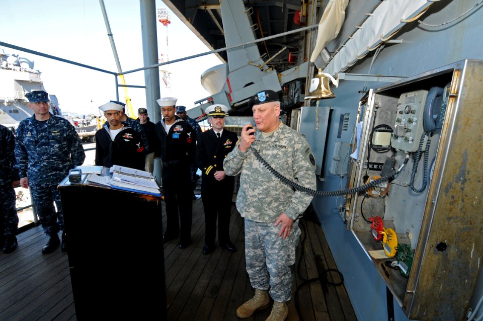 US Navy 110324-N-AQ172-179 Gen. Carter F. Ham, commander of U.S. Africa Command, addresses the crew of the amphibious command ship USS Mount Whitne