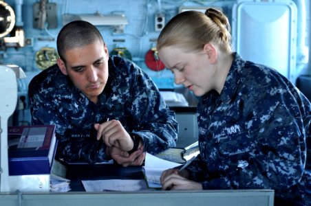 US Navy 110328-N-SF508-015 Sailors aboard the Ticonderoga-class guided-missile cruiser USS Shiloh (CG 67) photo