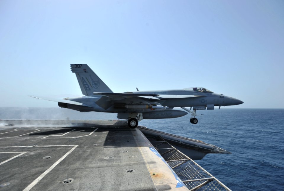 US Navy 110328-N-0569K-105 An F-A-18E Super Hornet assigned to the Knighthawks of Strike Fighter Squadron (VFA) 136 launches from the aircraft carr